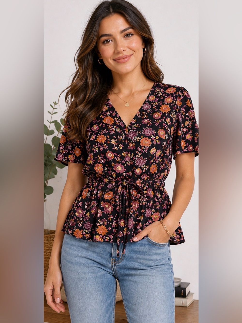 580 LOFT Floral Peplum Blouse XS Black Pink Tie Waist Flutter Sleeve Top